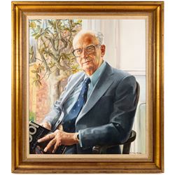 Margaret Stella Murray Whatley (British 1942-2019): Portrait of Arthur C Clarke holding a copy of 2001 A Space Odyssey, oil on canvas signed, 75cm x 64cm
Notes: This item is from the private collection of Arthur C. Clarke's brother. 