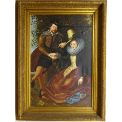  After Peter Paul Rubens (Flemish 1577-1640): Courting Couple, 20th century oil on canvas unsigned 90cm x 60cm in heavy gilt frame  