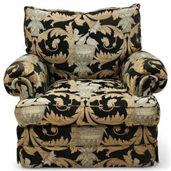 Duresta - hardwood-framed armchair, of traditional shaped with rolled arms, upholstered in arabesque pattern fabric decorated with urns and birds 