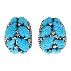 Pair of 18ct gold black rhodium plated turquoise leaf and round brilliant cut diamond stud earrings, stamped 750
