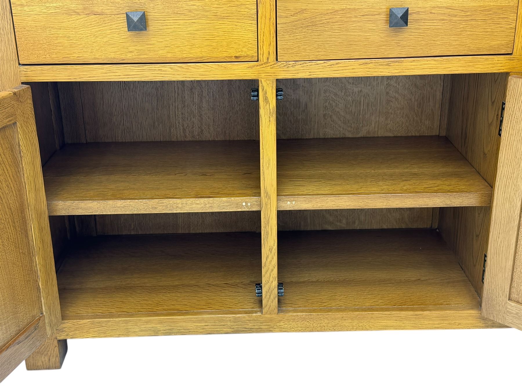 Oak Furnitureland, golden oak sideboard. Three single draws, three cupboard doors with single shelf