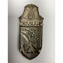 Two German Arm-Shield badges - one Russian Front marked Demjansk 1942; the other marked Narvik 1940 (2)