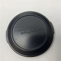 Zenza Bronica ETRS camera body, safari edition, serial no. 7100811, with 'Zenza Bronica Zenzanon EII 1:2.8 f=75mm' lens, serial no. 7908591, film magazine back, safari, serial no. 8100564, AE-ii metering head, safari, serial no. 617024, etc, all in leather case