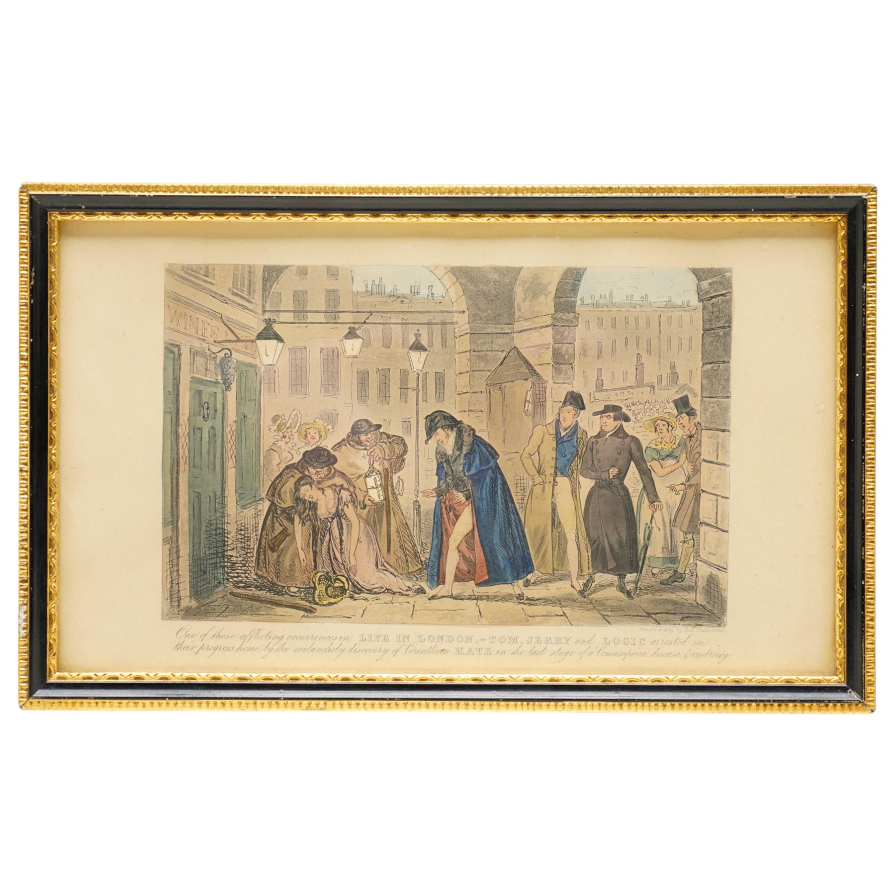 Isaac Robert Cruikshank (British 1789-1856): 'Life in London...' 'The Money Lender...' and 'The Grand Lounge...', set three early 19th century engravings with hand-colouring pub. 'Life in London; or the Day and Night Scenes of Jerry Hawthorne....'  London: Sherwood, Neely and Jones c.1820-1, 14cm x 24cm (3) 