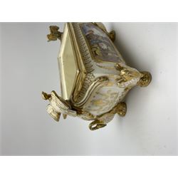 19th century Coalport bough pot, circa 1820, of bombe form, the body with twin handles surmounted by two birds and raised upon four feet modelled as swans, hand painted with two panels depicting an urn of flowers set against a mountainous landscape, the whole heightened in gilt throughout, H13cm L21cm