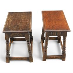 Two 19th century oak joint stools with carved frieze and turned supports