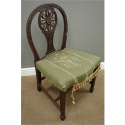 Pair early 20th century Hepplewhite style carved side chairs, the frame carved with husks and ribbon ties, circular splat backs carved with acanthus leaves and flower heads, wide serpentine seats, square tapering supports with spade feet  