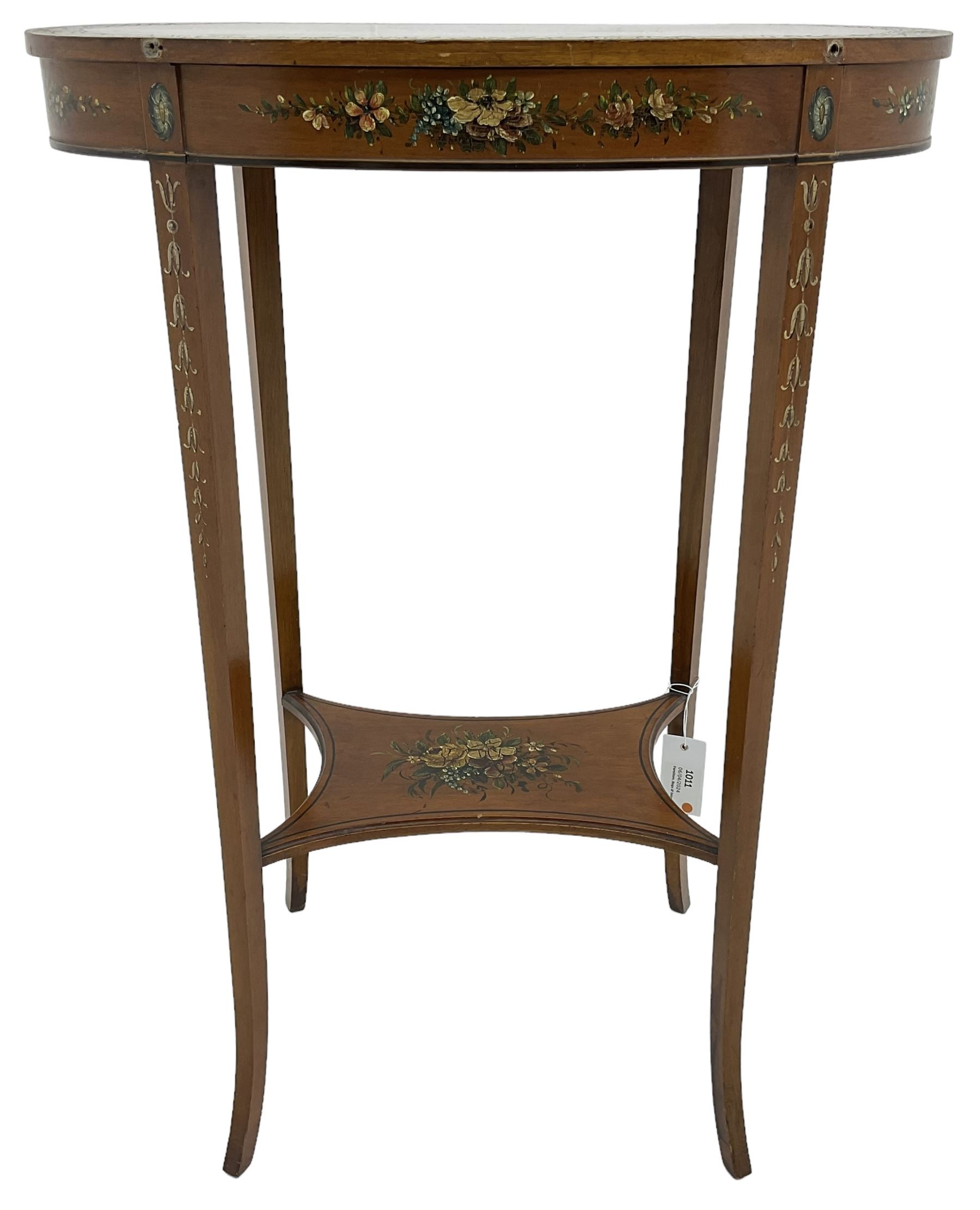 Edwardian satinwood side table, oval top hand painted with central fan motif and trailing flower heads, on square tapering supports terminating to out-splayed feet, united by moulded undertier 