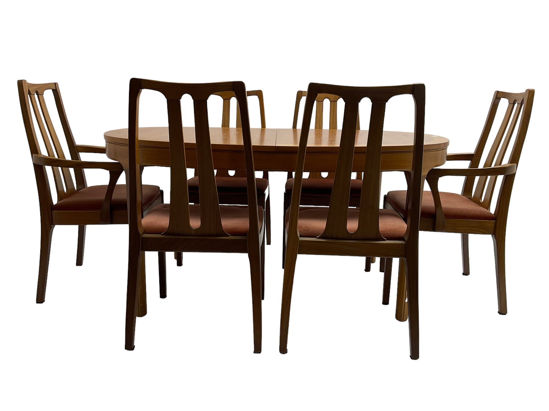 Nathan - mid-20th century teak oval extending dining table (W152cm D99cm H75cm); and Nathan - set six (4+2) mid-20th century teak high slat-back chairs, seats upholstered in light red fabric (W55cm H96cm)