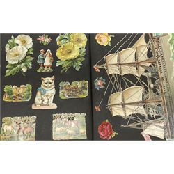 Victorian scrapbook containing twenty-six double sided pages and two fixed end pages of various fixed decoupage to include clippings of maritime interest, greeting cards, portraiture, flowers, animals etc, 
