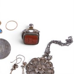 9ct gold jewellery oddments, including single opal pendant earring, single hoop earring and earring hooks and silver jewellery, including wristwatch, cufflinks, necklace, earrings, brooches and carnelian fob