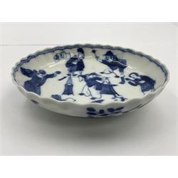 18th century Chinese blue and white Kangxi teacup and saucer, decorated with dancing figures, four character Kangxi mark beneath, saucer D10cm