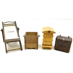 Vintage wooden toys including laundry set of washboards, clothes horse and tin wash-tub; scratch-built vehicles; building blocks; toy sweeping brush; skittles; spade; 'Titanic' deck chair; bee hive etc