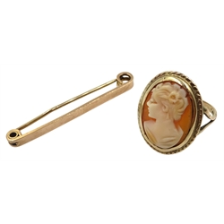 Gold cameo ring and a gold bar brooch, both hallmarked 9ct 