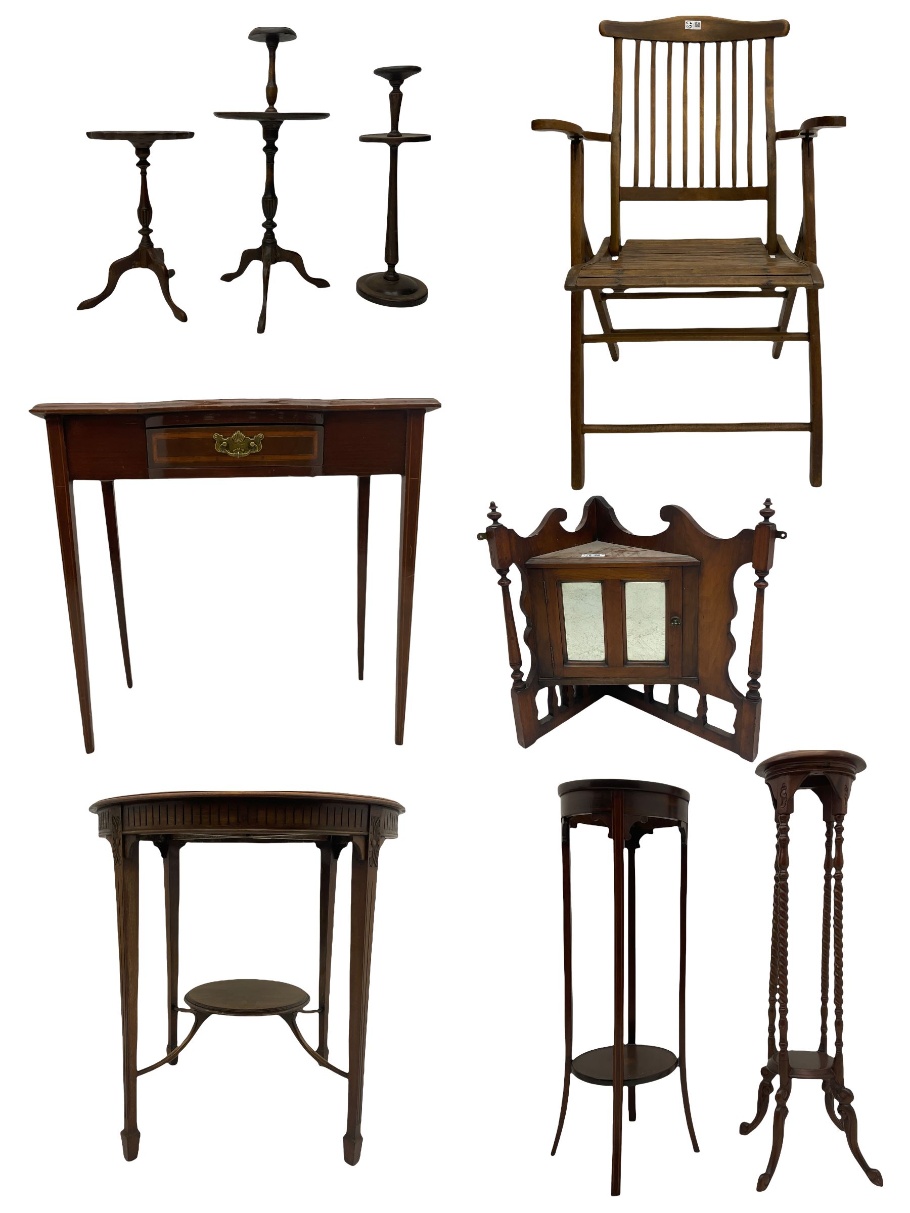 Edwardian mahogany plant stand, mahogany plant stand, two smokers stands, mahogany centre table, side table with drawer, hardwood folding chair, Edwardian mirror glazed corner cabinet and an occasional table (9)