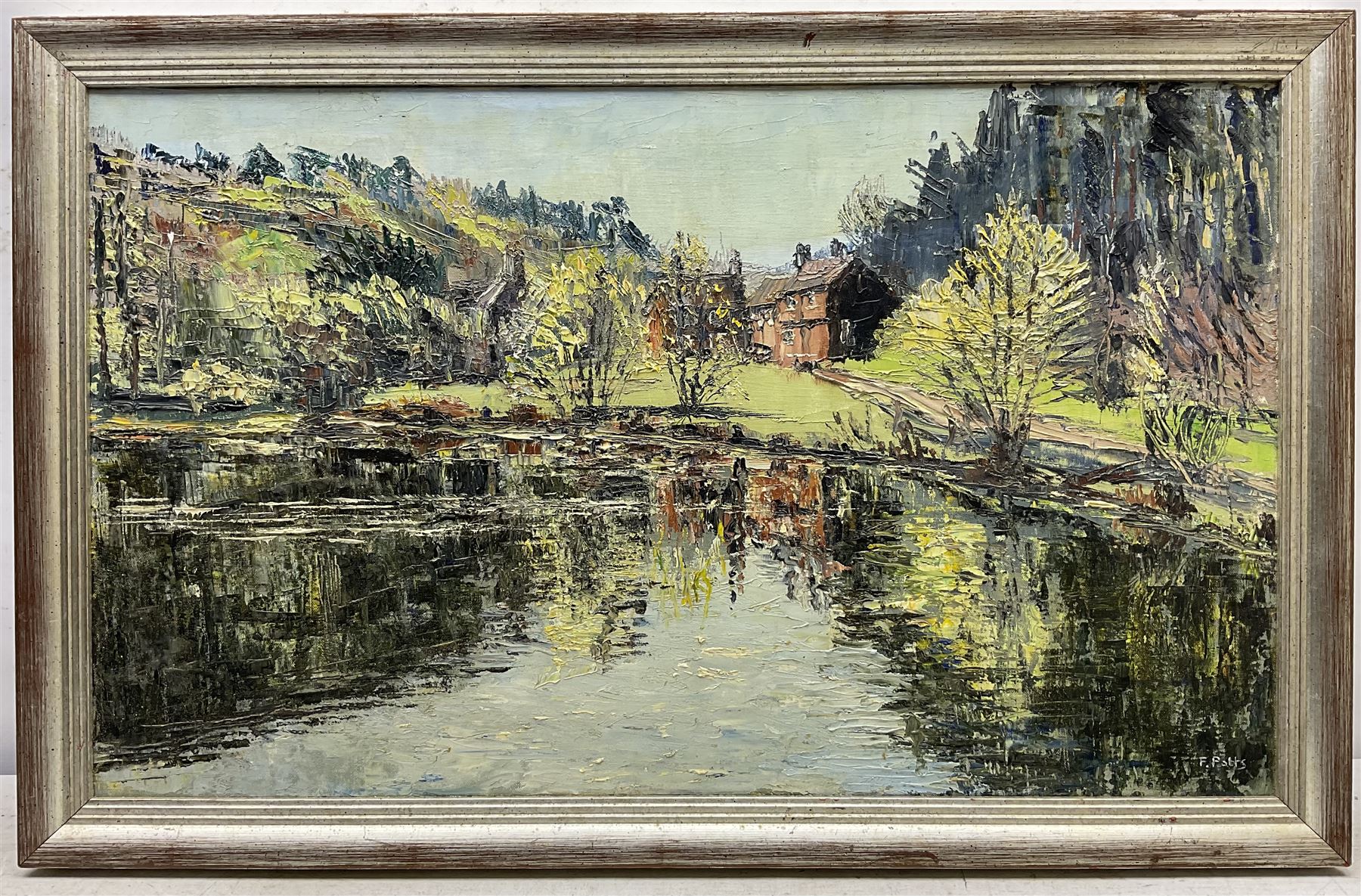 F Potts (British 20th century): River Reflections, impasto oil on canvas signed 45cm x 75cm