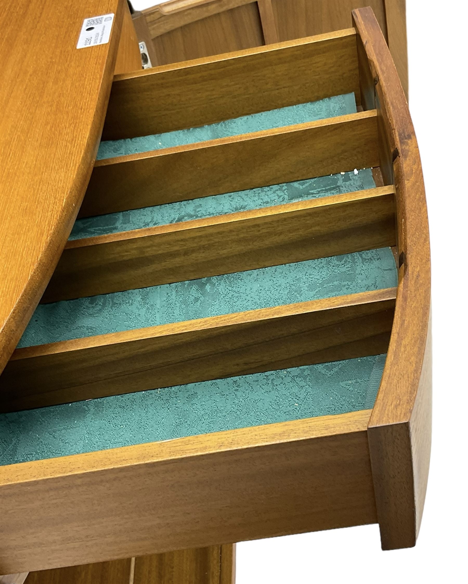 Nathan - teak wall display unit, raised display cabinet enclosed by two glazed doors, the lower section fitted with two drawers and double panelled cupboard 