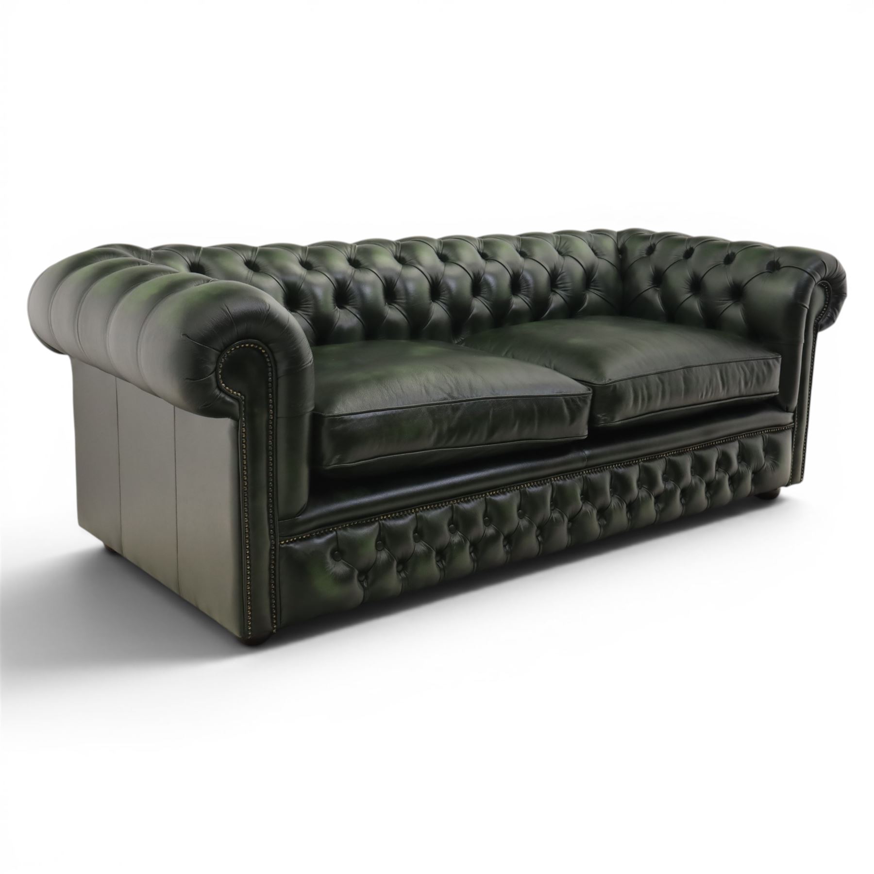 Distinctive Chesterfields - Chesterfield two cushion sofa, upholstered in green deeply buttoned leather