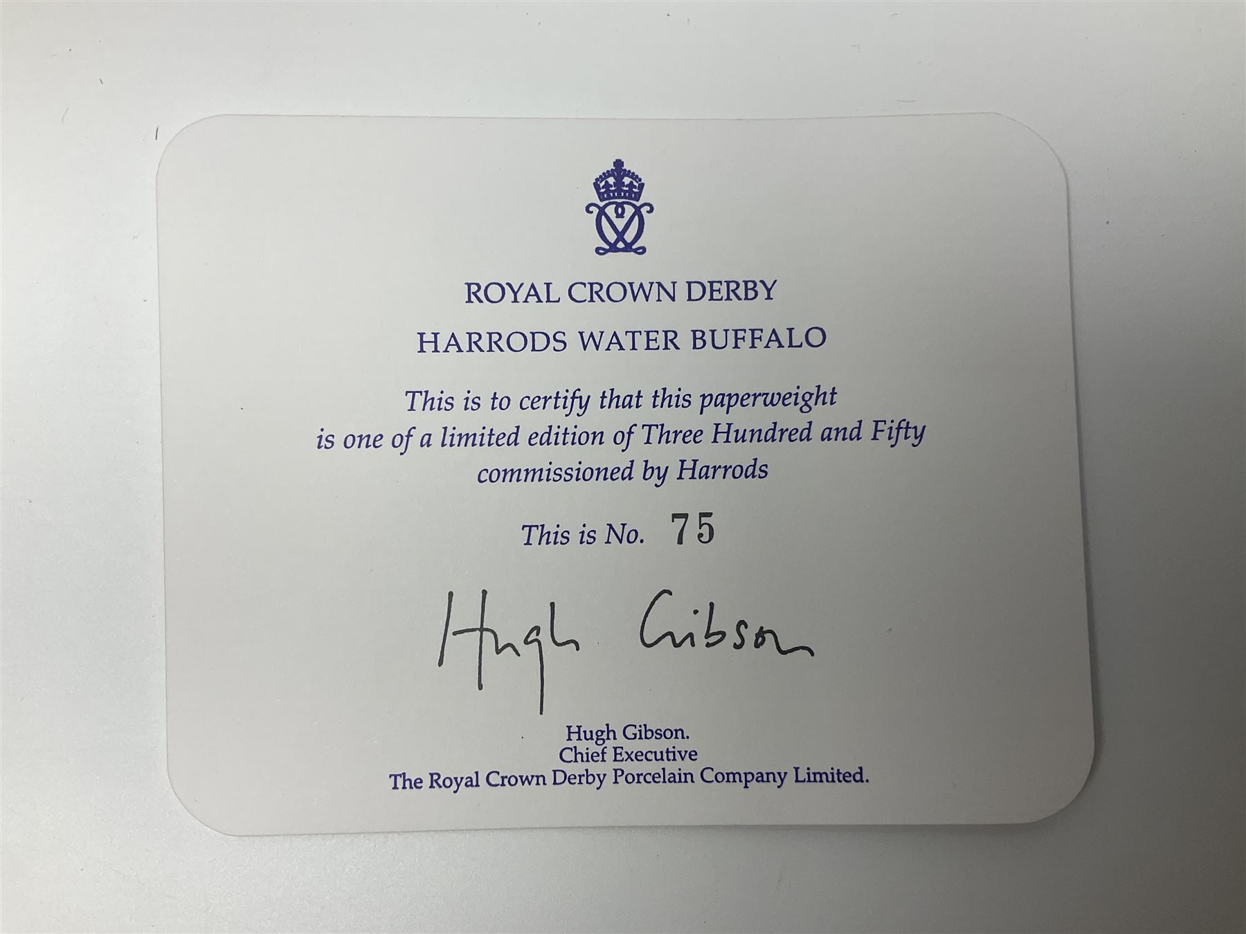 Royal Crown Derby paperweight, Harrods Water Buffalo, limited edition 75/350, with gold stopper and printed mark beneath, with certificate and original box