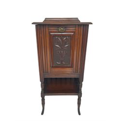 Edwardian walnut fall-front music cabinet, rectangular top with raised back, moulded and carved floral front panel concealing three-part cupboard, under-tier with spindle supports, raised on cabriole feet