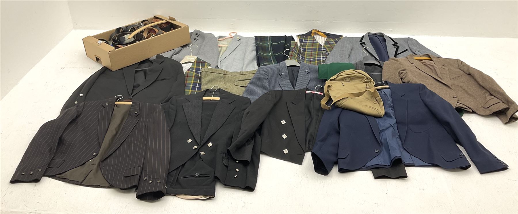 Vintage and later clothing including mess jackets, waistcoats, by various makers including 'Skopes', 'Saxon Hawk', 'Lincroft', 'Grendale' etc, belts including leather examples etc, in three boxes