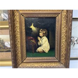 English School (19th century): Child Praying, oil on panel unsigned together with a portrait miniature, miniature still life, 3 19th century landscape prints and two others max 17cm x 24cm (8)