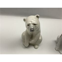 Five Lladro figures, comprising Cat and Mouse no. 5236, That Tickles no. 5888, Gentle Surprise no. 6210, Little Hunter no. 6212 and Resting Polar Bear no. 1208, largest H12cm