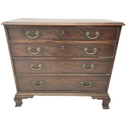 George III figured mahogany chest, moulded rectangular top over four graduating cock-beaded drawers, brass reeded swag handles, lower moulding over ogee brackets
