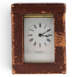 Richard & Co of Paris brass carriage clock with Roman dial, in original leather travel case, H13cm