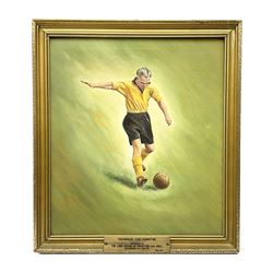 A.C. Dobbs (20th century), oil painting on canvas, action study of Raich Carter in full Hull City kit about to kick a football, signed and dated '49, 44.5 x 39cm, gilt frame bearing metal plaque inscribed 'Testimonial Fund Committee/Presented by the Lord Mayor of Kingston-upon-Hull (Alderman R.E. Smith)/ May 1952'. Provenance: By direct descent from the family of Raich Carter having been consigned by his daughter Jane Carter.