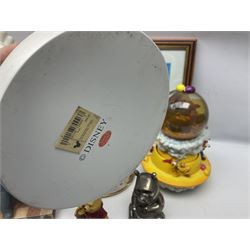 Collection of Disney figures, to include Ardleigh Elliott music box Hunny of the Day, Disney musical snow globe, Micky mouse lazy butler, Framed Bug's Life lithograph etc 