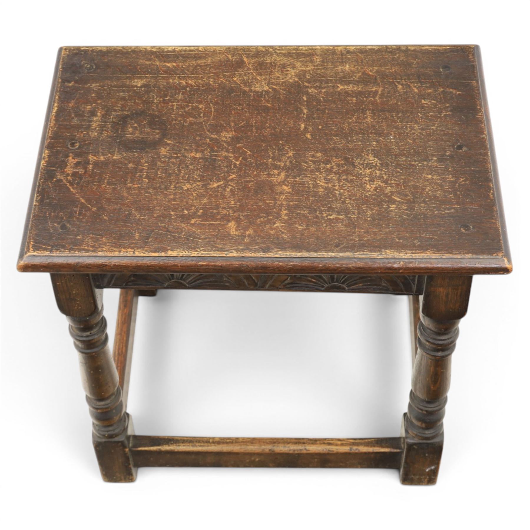Two 19th century oak joint stools with carved frieze and turned supports