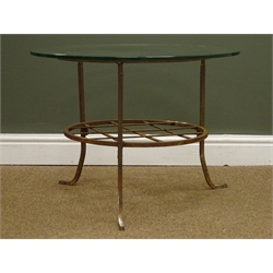  Wrought metal circular garden table, glass top, D65cm, H48cm  
