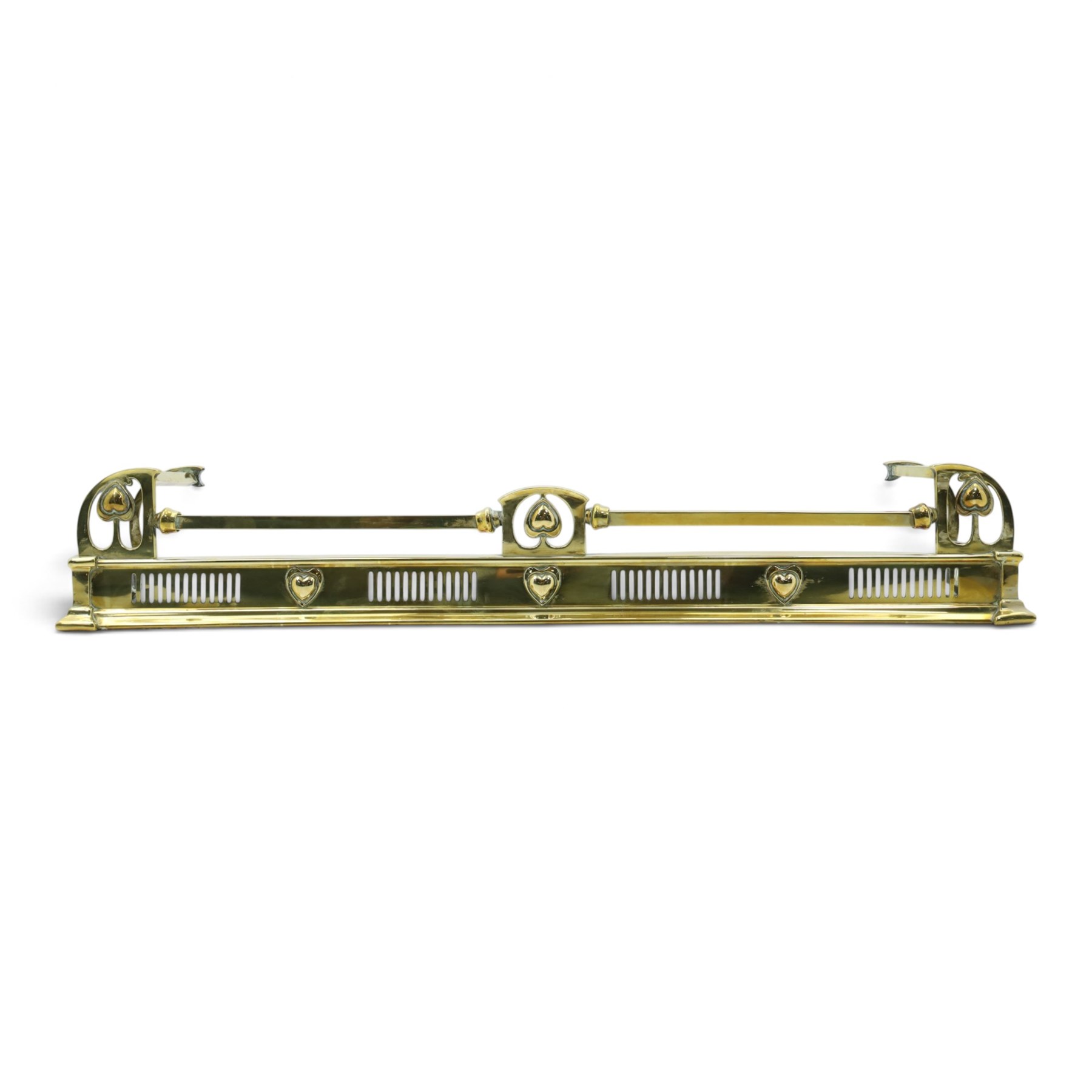 Two Edwardian brass fire curbs, comprising a decorative example with pierced vertical frieze, applied Tulips (H 21cm, W 126cm, D 32cm), together with a hammered moulded example with acanthus corners (H 12cm, W 138cm, D 37cm)