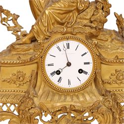 19th century French ormolu mantel clock, retailed by J & W Marshall, Paris, surmounted with a figure of in neo classical dress, with enamelled Roman dial marked James & Walter Marshall, H39cm 