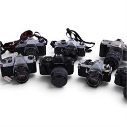 Nine Pentax cameras, including MX, MZ-5, ME Super, P30, etc all with lenses