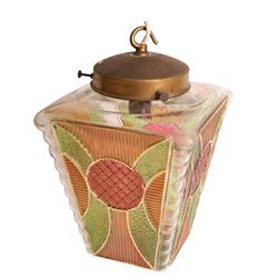 Art Deco glass lantern, with four panels of coloured glass in shades of green and red, with brass fitting, H30cm 