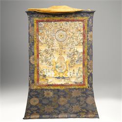 Two 19th century Tibetan Thangkas, depicting Bhavachakra or the Wheel of Life, and the other depicting a Buddhist mandala, each mounted on brocaded fabric, image sizes 64cm x 46cm and 62cm x 47cm (2)
