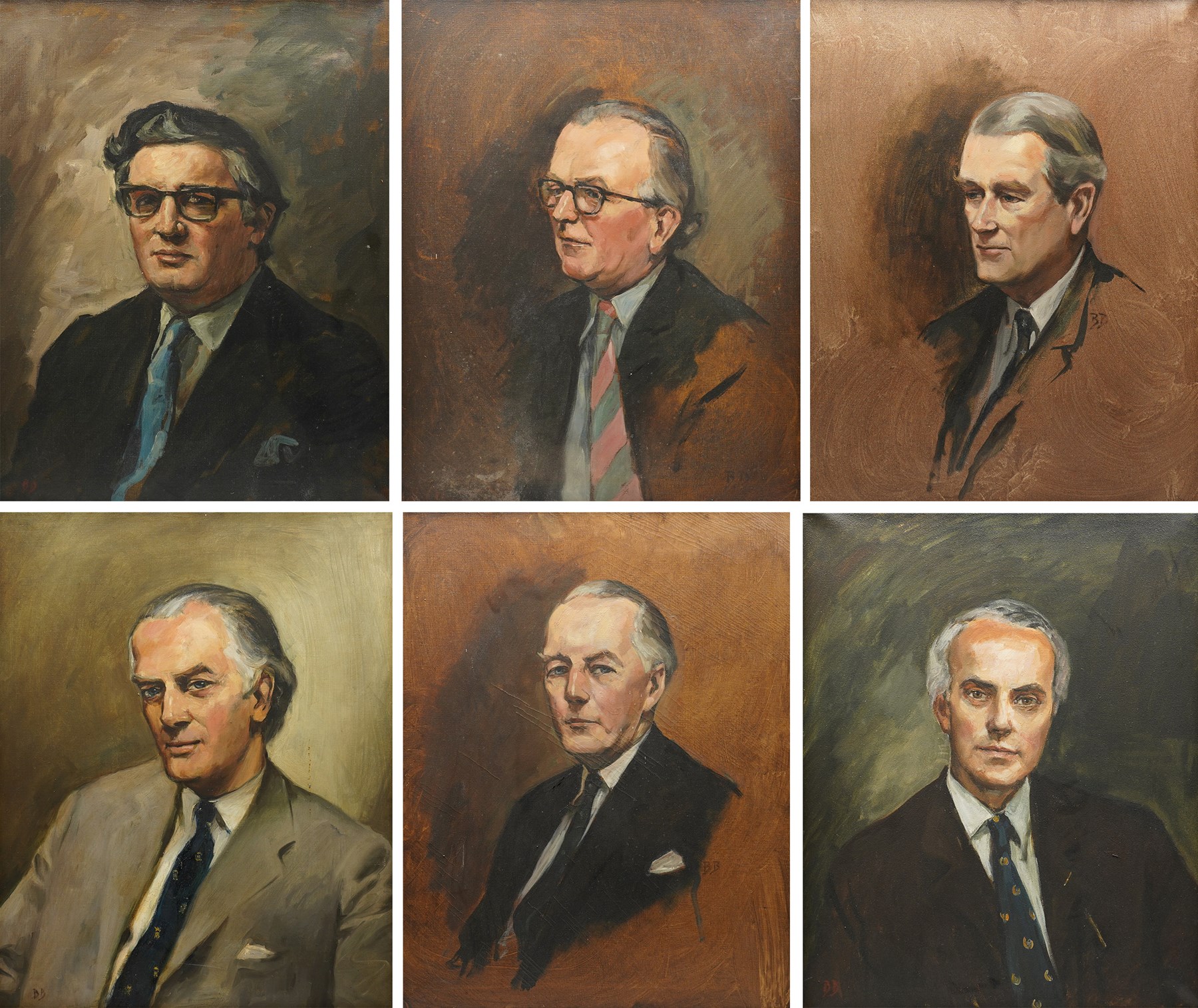 Brenda Bury (British 1932-): Members of European Parliament - 'Sir Stanley James Allen Hill' 'Sir Douglas Dodds-Parker' 'Sir William John Peel' 'Sir Brandon Meredith Rhys-Williams 2nd Baronet' 'Sir Tom Normanton' and 'John Hill MP', set of six oils on canvas signed with initials, in matching frames, 76cm x 59cm (6) Provenance: Property of a Nobleman.