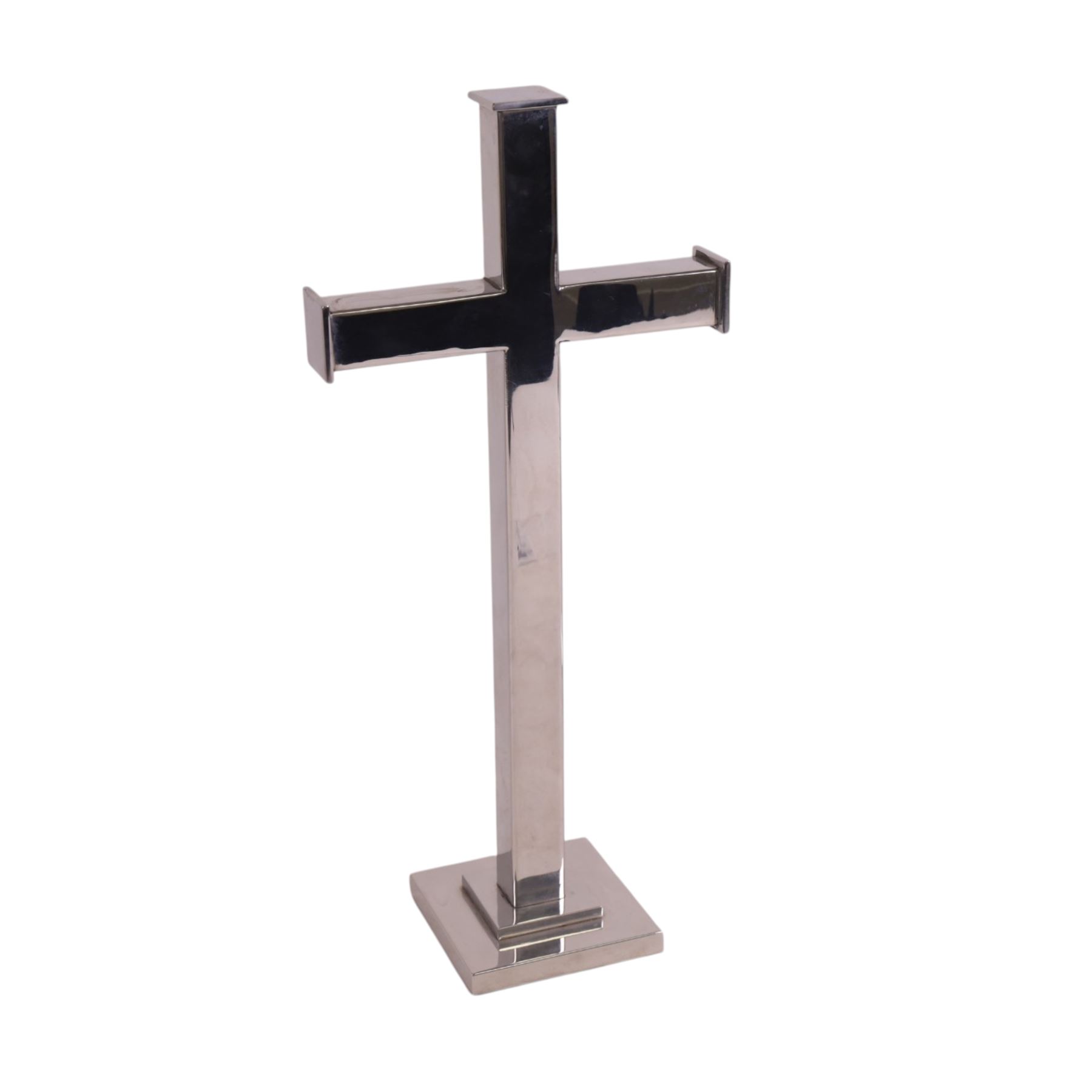 20th century chrome alter crucifix and matching vases, crucifix 39cm