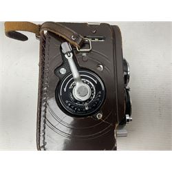 Minolta Autocord camera body serial no 360656, with 'Minolta Rokkor 1:3.5 f=75' lens serial no. 2440535 and Rokkor 1:3.2 f=75mm' view, serial no 2012721, with leather carry case and accessories 