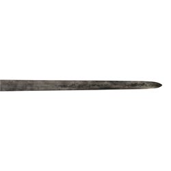 British Georgian Officers Sword, with 83cm double edged fullered blade engraved with with motifs and Osborn along with Warranted, with brass heart shaped guard and faux wire bound grip, with scabbard with twin suspension rings, overall length 100cm