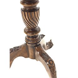 Bevan Funnell Reprodux mahogany tripod table, circular galleried top on turned stem, three floral carved splayed supports with ball and claw feet