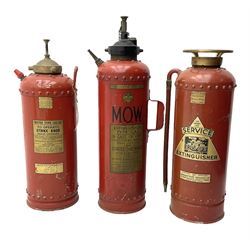 Three fire extinguishers to include an Enright Fire Services extinguisher dated 1949, a Valor Partridge Ltd. example dated 1970 and a M.O.W. example, tallest H63cm