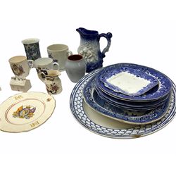 Ceramics including a Burleigh ware blue and white vase, Shelley mould, a mason's Mandalay design jug and toothpick holder, a Staffordshire willow design meat platter, a Ringtons jug etc. 