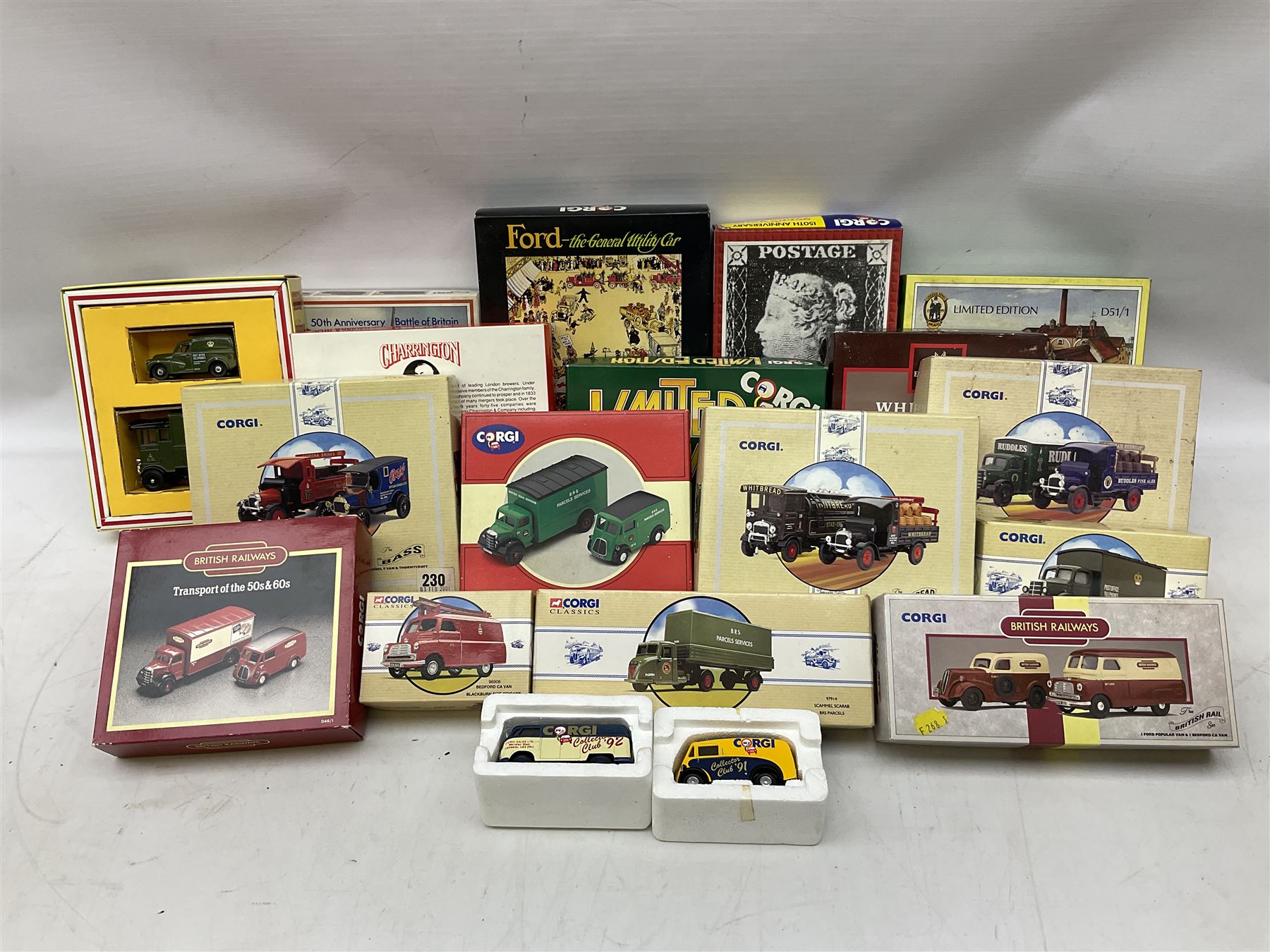 Nineteen boxed Corgi die-cast models sets, to include 50th Anniversary Battle of Britain, The Ruddles, The Bass, Ford- the general utility car, 150th Anniversary Penny Post, White Bread, Charrington etc