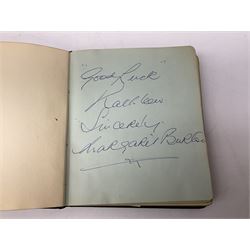 2 autograph albums, containing signatures including Harry Corbett Sooty, Dave Morris, Marion Saunders, Max Bygraves and signed photographs, quantity of postcards depicting the Lords Prayer and playing cards in case