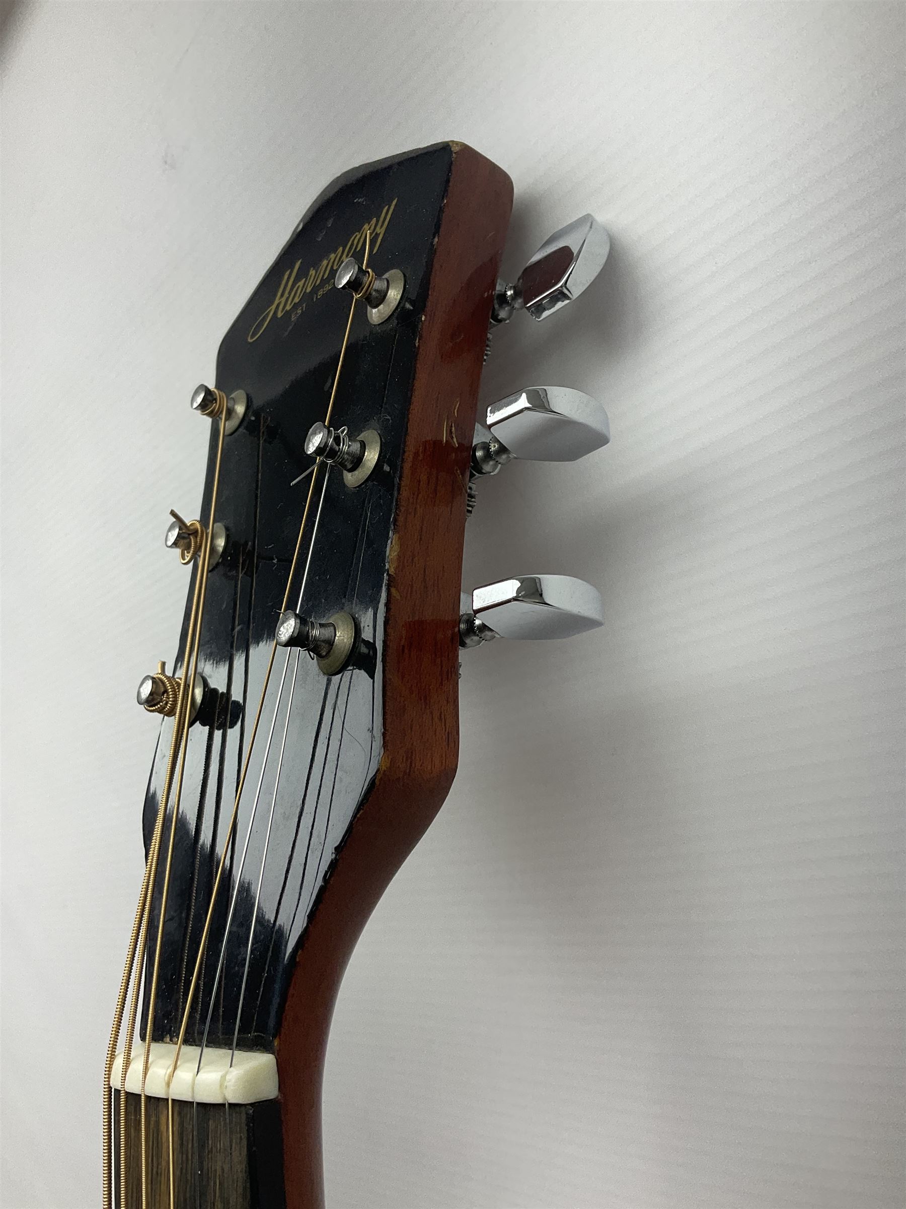 Harmony Model H6360 acoustic guitar in mahogany with spruce top, L103cm overall; and 1970s B&M (Barnes & Mullins) Concert Grande acoustic guitar, L101.5cm overall; each in hard carrying case (2)