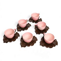 Set of six Zsolnay Pecs lotus moulded teacups and saucers, with impressed mark beneath, teacup D7cm