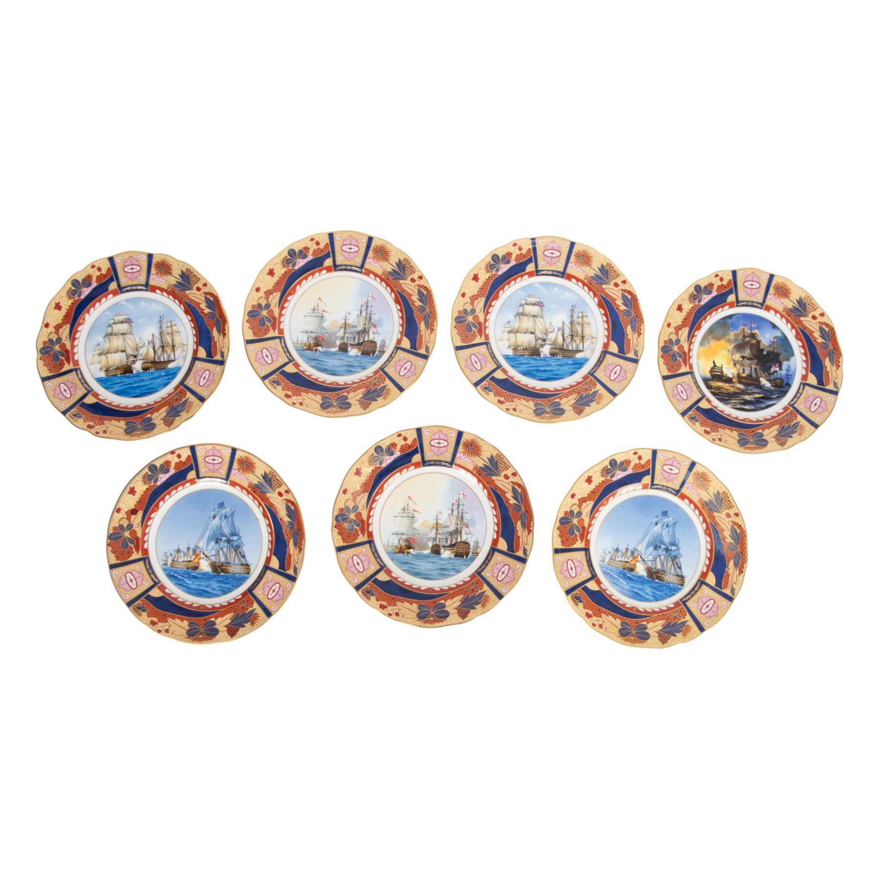 Royal Worcester seven Nelson collection plates, limited edition, comprising two Battle of Cape St Vincent, two Battle of Trafalgar, two Battle of Copenhagen and Battle of the Nile, all with certificates and original boxes 